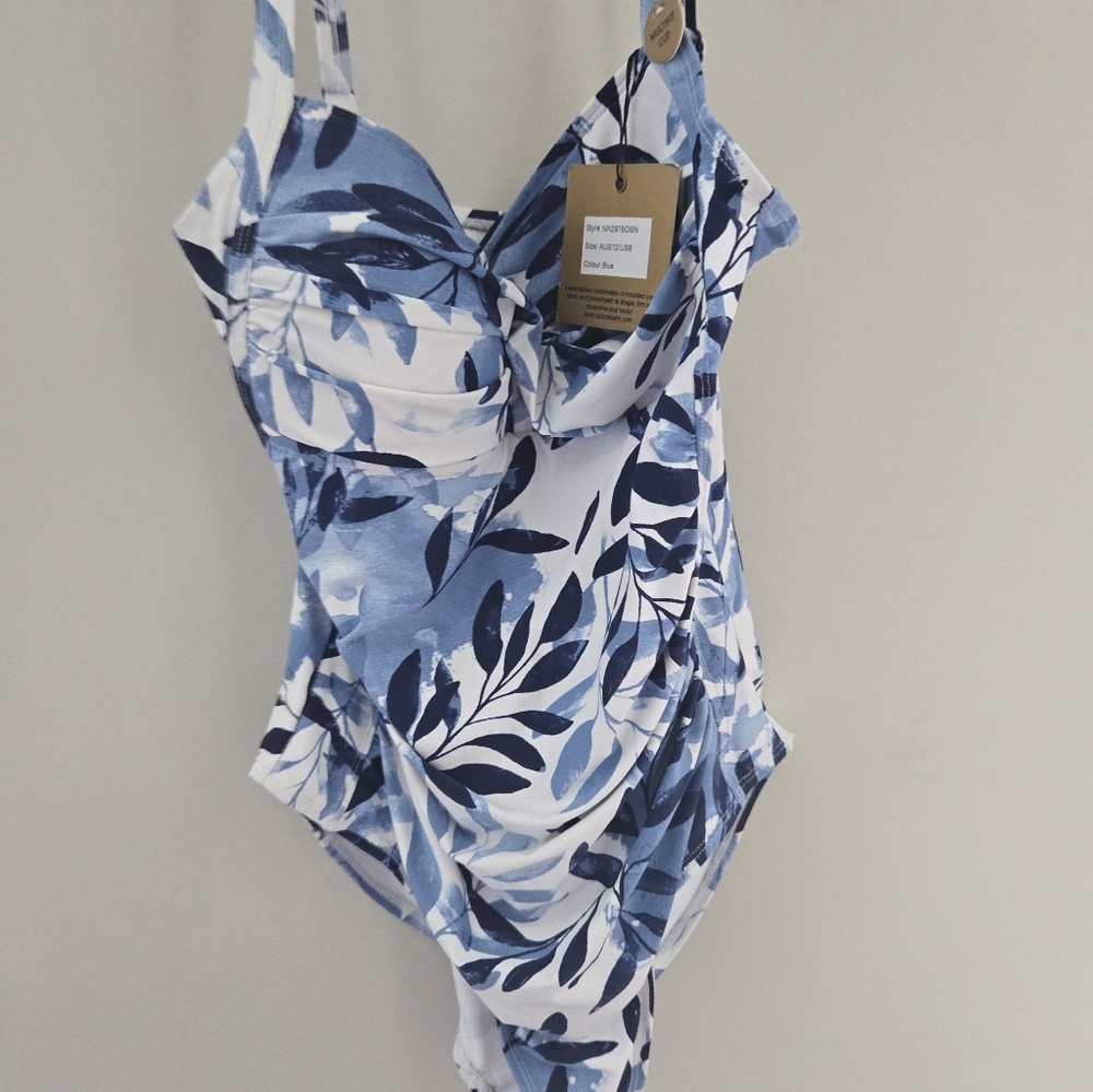 Elegant Blue and White Leaf Print Women's One Piece Swimsuit